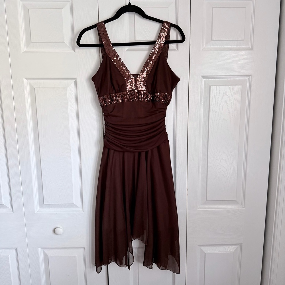 Vtg B Smart Babydoll Dress Juniors 11/12 Brown Sequin Handkerchief Hem Prom Hoco